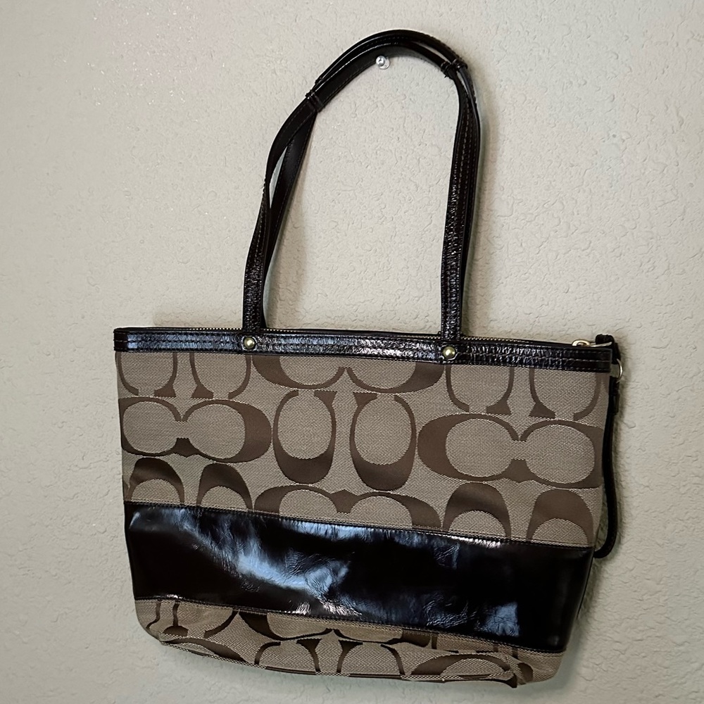 Coach Signature Canvas & Leather Brown Tote Handbag - Picture 8 of 13